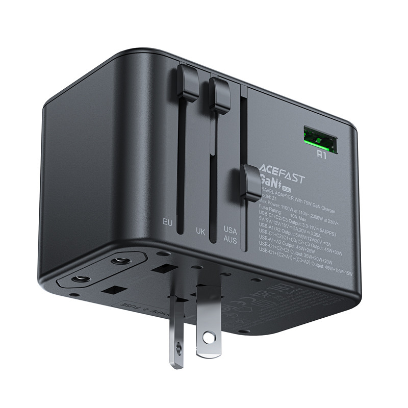 Universalus GaN Kelioninis įkroviklis 2x USB-A 3x USB-C kištukai JK EU USA AUS Black