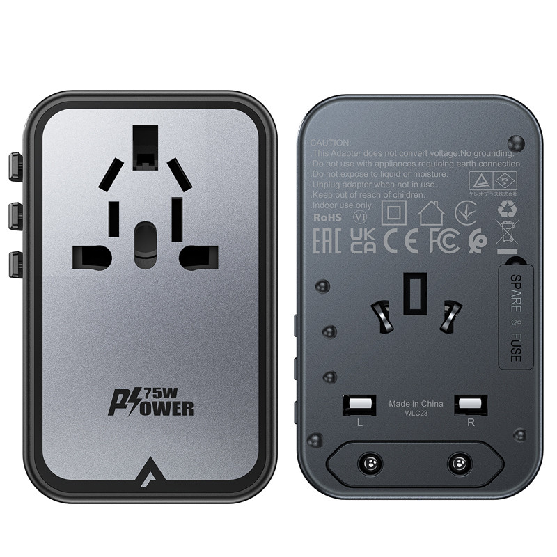 Universalus GaN Kelioninis įkroviklis 2x USB-A 3x USB-C kištukai JK EU USA AUS Black