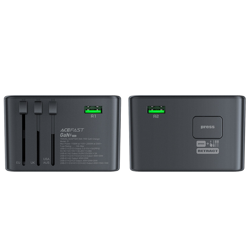 Universalus GaN Kelioninis įkroviklis 2x USB-A 3x USB-C kištukai JK EU USA AUS Black
