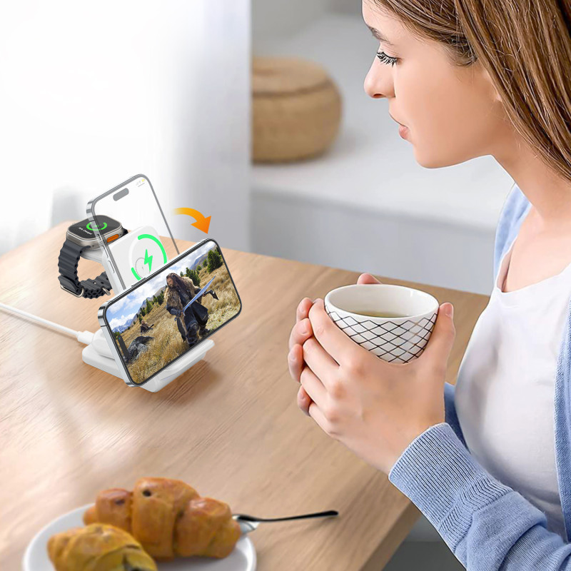 4in1 įkrovimo stotelė, Choetech T608 15W indukcinis įkroviklis, baltas