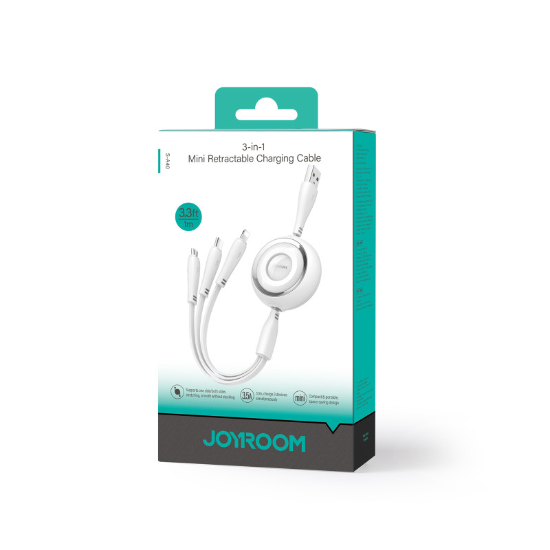 3in1 Colorful Series USB-A į USB-C / iPhone Lightning / microUSB ištraukiamas kabelis 1m baltas