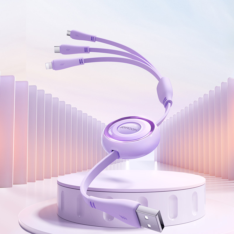 3in1 Colorful Series USB-A į USB-C / iPhone Lightning / microUSB ištraukiamas kabelis 1m violetinis