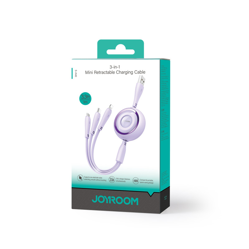 3in1 Colorful Series USB-A į USB-C / iPhone Lightning / microUSB ištraukiamas kabelis 1m violetinis