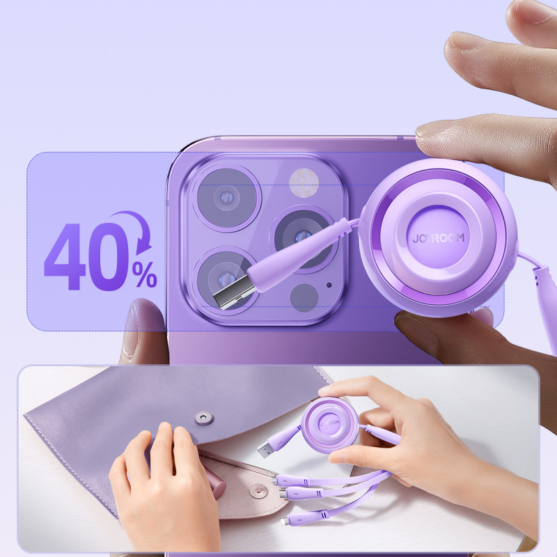 3in1 Colorful Series USB-A į USB-C / iPhone Lightning / microUSB ištraukiamas kabelis 1m violetinis