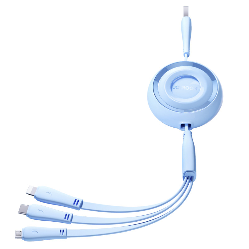 
3in1 Colorful Series USB-A į USB-C / iPhone Lightning / microUSB ištraukiamas kabelis 1m mėlynas
