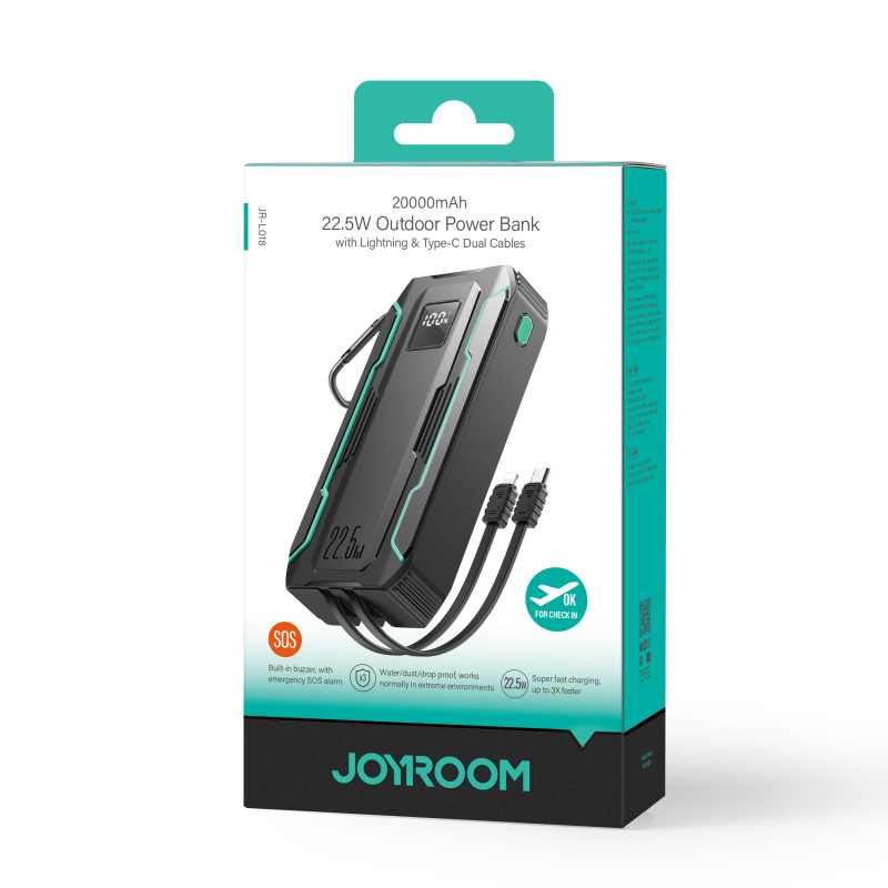 Turistinis maitinimo blokas Lauko SOS žibintuvėlis su USB-C / Lightning 20000mA laidais, juodas
