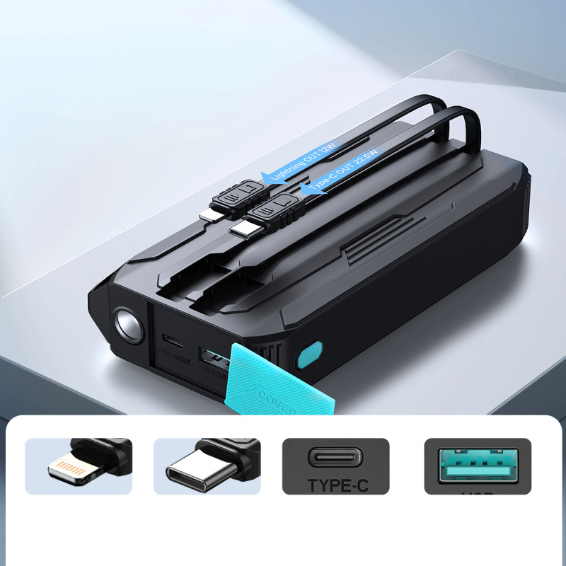 Turistinis maitinimo blokas Lauko SOS žibintuvėlis su USB-C / Lightning 20000mA laidais, juodas