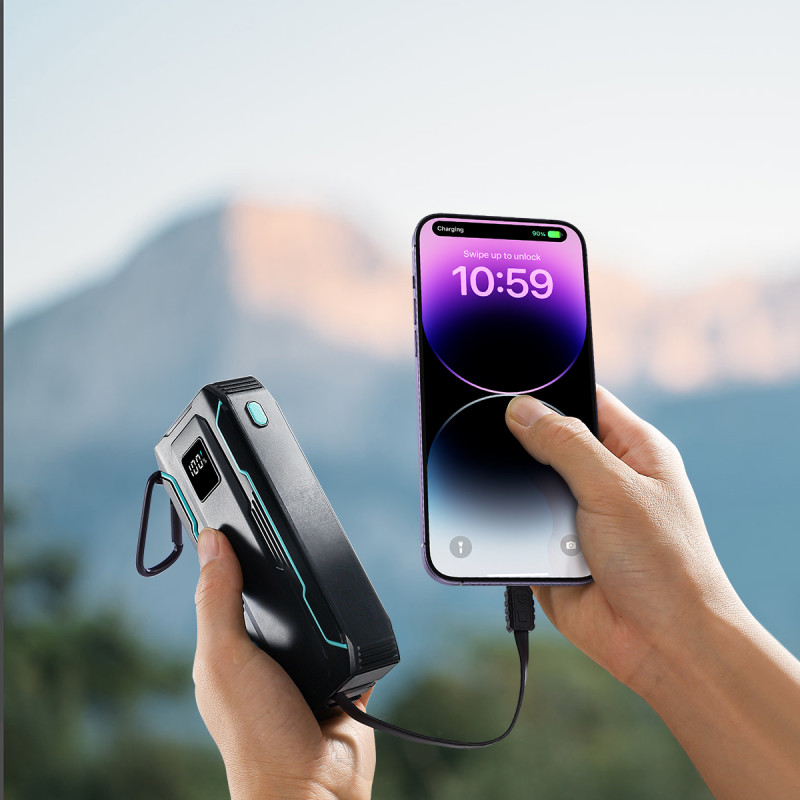 Turistinis maitinimo blokas Lauko SOS žibintuvėlis su USB-C / Lightning 20000mA laidais, juodas