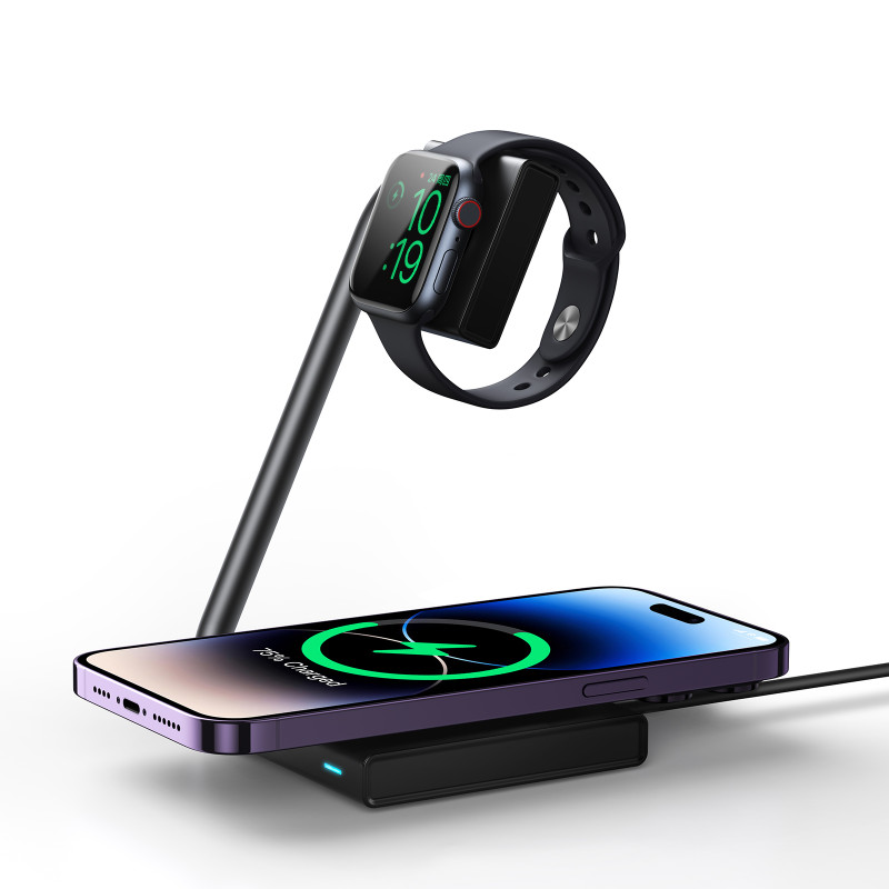 2 viename indukcinis laikrodžio ir išmaniojo telefono įkroviklis 15 W MagSafe Qi, sulankstomas, juodas