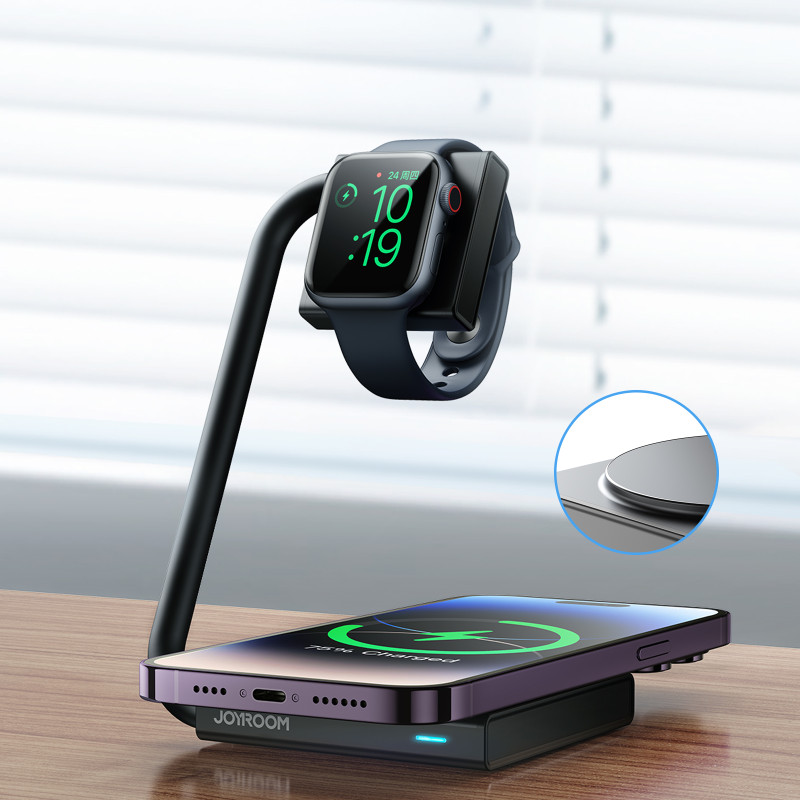 2 viename indukcinis laikrodžio ir išmaniojo telefono įkroviklis 15 W MagSafe Qi, sulankstomas, juodas