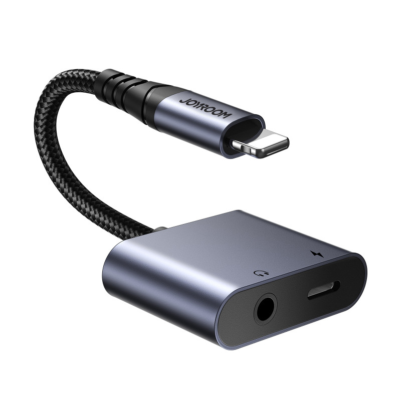 2in1 Adapterio adapteris iPhone įkrovikliui + Lightning ausinės / 3,5 mm juodas mini lizdas