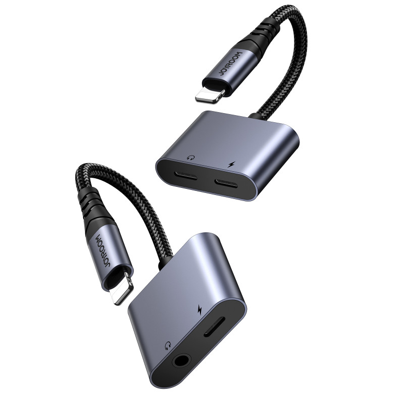 2in1 Adapterio adapteris iPhone įkrovikliui + Lightning ausinės / 3,5 mm juodas mini lizdas