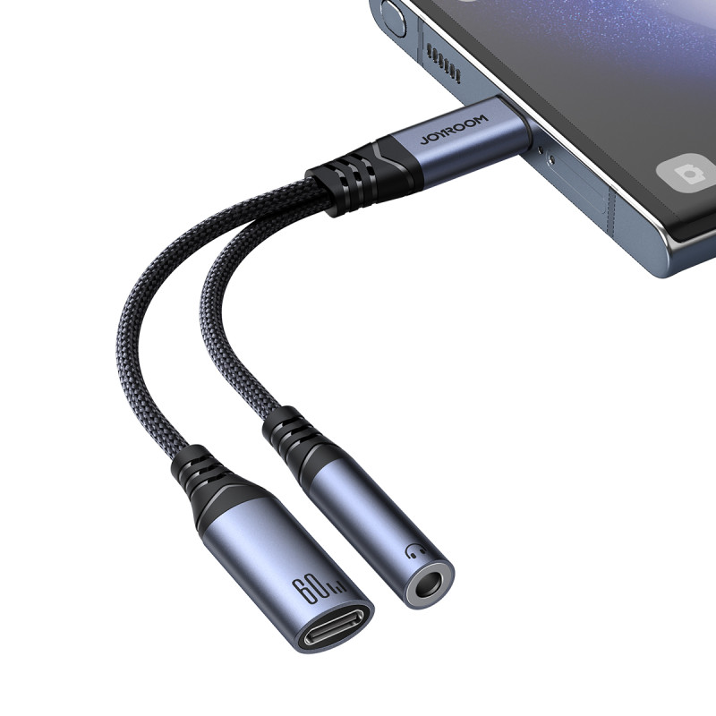 2in1 Adapterio įkroviklis + ausinės USB-C į USB-C / mini lizdas 3,5 mm juodas