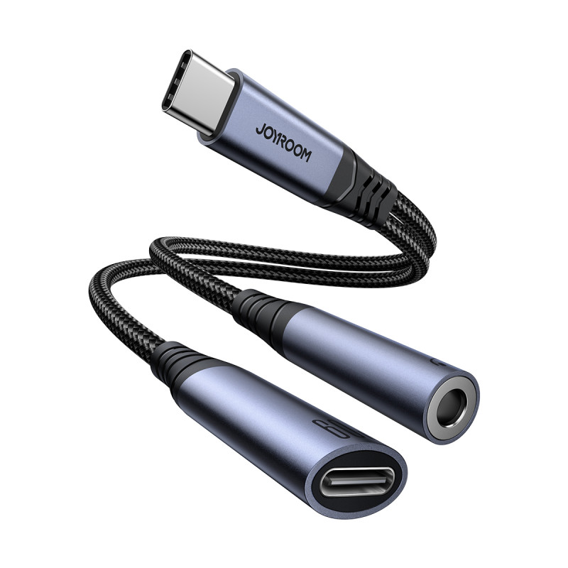2in1 Adapterio įkroviklis + ausinės USB-C į USB-C / mini lizdas 3,5 mm juodas