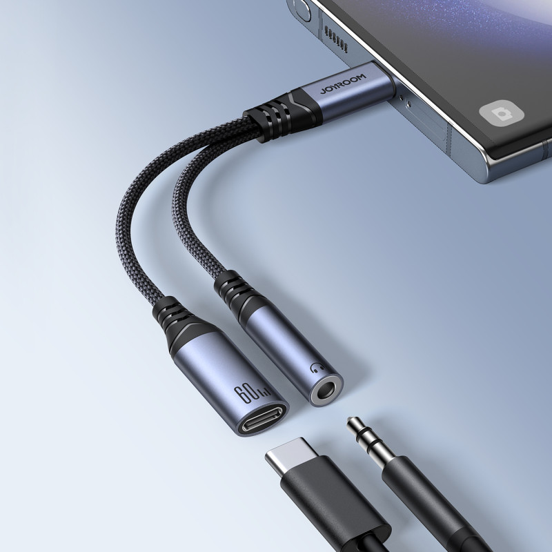2in1 Adapterio įkroviklis + ausinės USB-C į USB-C / mini lizdas 3,5 mm juodas