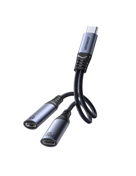 
2in1 Adapteris, įkroviklis + ausinės USB-C iki 2x USB-C juodos spalvos
