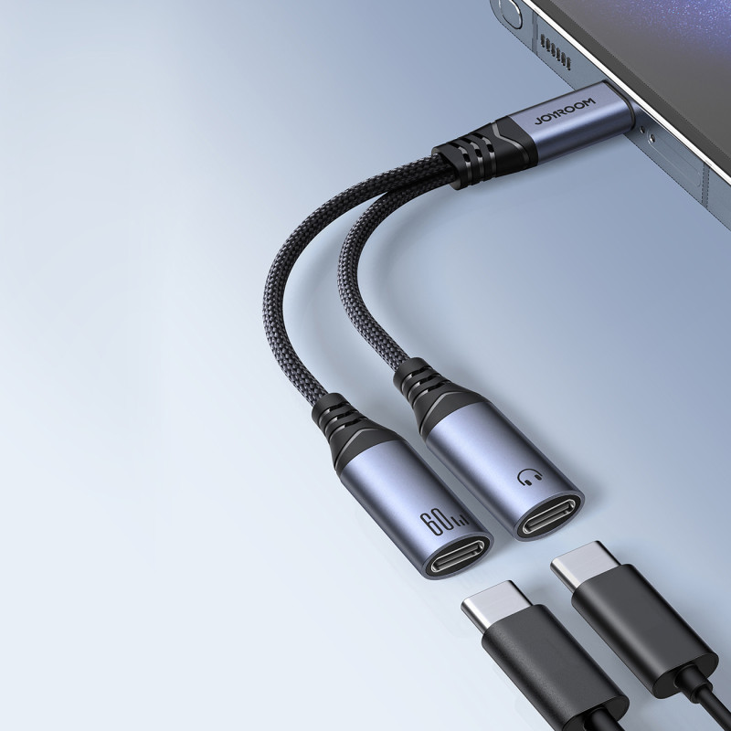 
2in1 Adapteris, įkroviklis + ausinės USB-C iki 2x USB-C juodos spalvos

