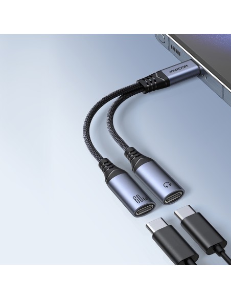 
2in1 Adapteris, įkroviklis + ausinės USB-C iki 2x USB-C juodos spalvos
