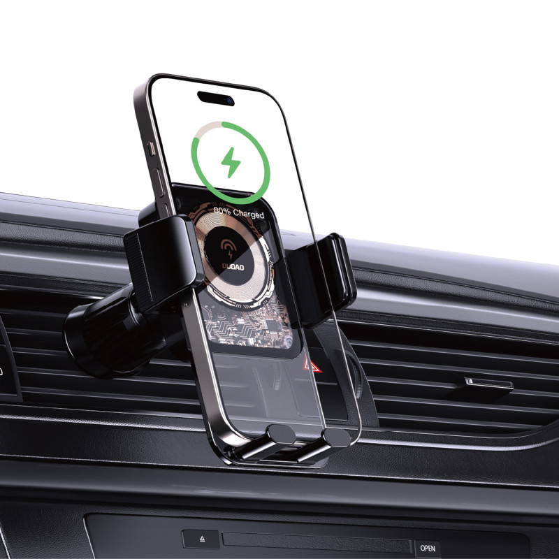 F19 prispaudžiamas automobilinis laikiklis telefonui su 15W indukciniu pakrovėju, juodas