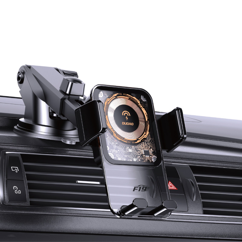 F19 prispaudžiamas automobilinis laikiklis telefonui su 15W indukciniu pakrovėju, juodas