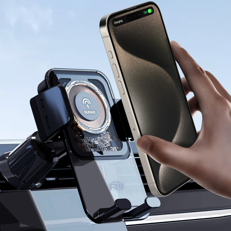 F19 prispaudžiamas automobilinis laikiklis telefonui su 15W indukciniu pakrovėju, juodas