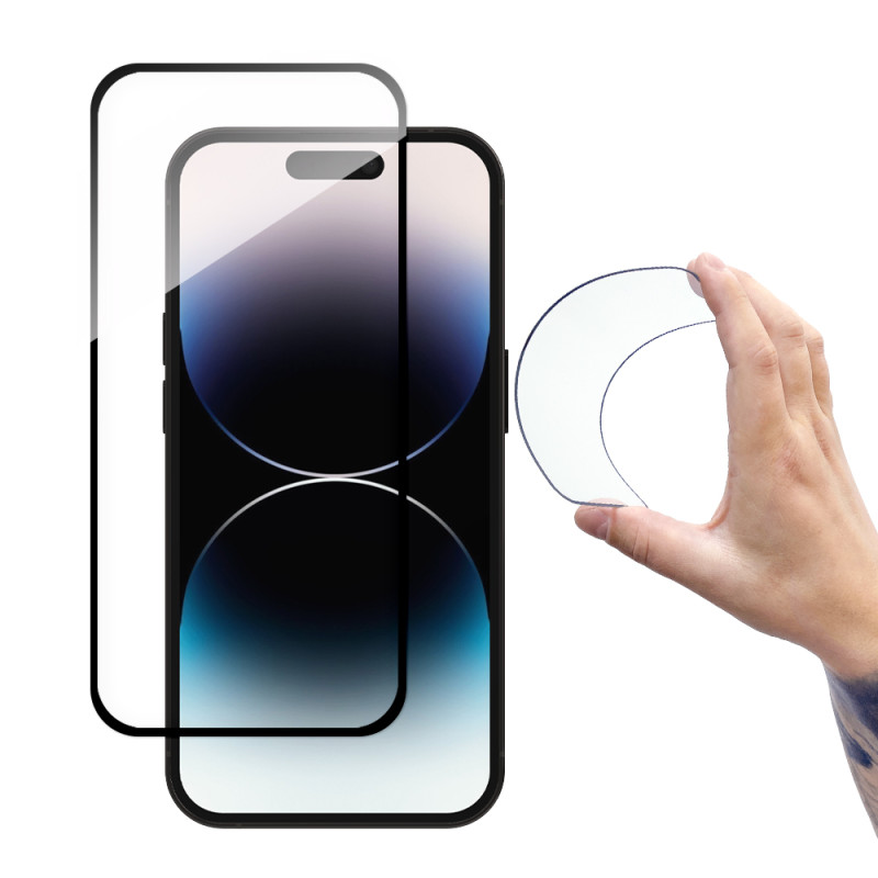 Lankstus grūdintas stiklas iPhone 14 Pro ekranui su juodu rėmeliu. Full Cover Flexi Nano Glass
Lankstus grūdintas stiklas iPhone 14 Pro ekranui su juodu rėmeliu. Full Cover Flexi Nano Glass