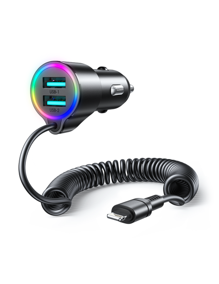 3in1 Greitas automobilinis įkroviklis su Lightning laidu iPhone 1.5m 17W juodas