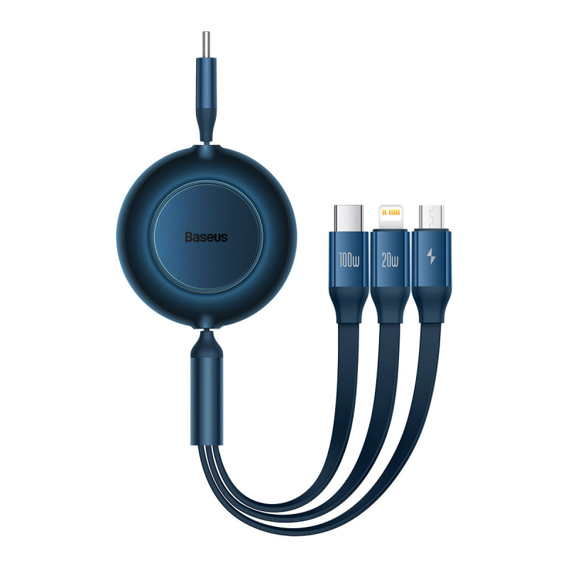 Ištraukiamas laidas 3in1 USB-C microUSB + iPhone Lightning + USB-C 3.5A 1.1m mėlynas