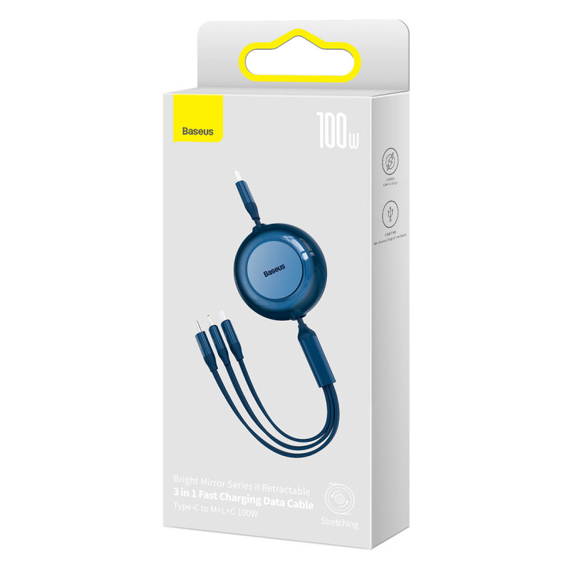 Ištraukiamas laidas 3in1 USB-C microUSB + iPhone Lightning + USB-C 3.5A 1.1m mėlynas