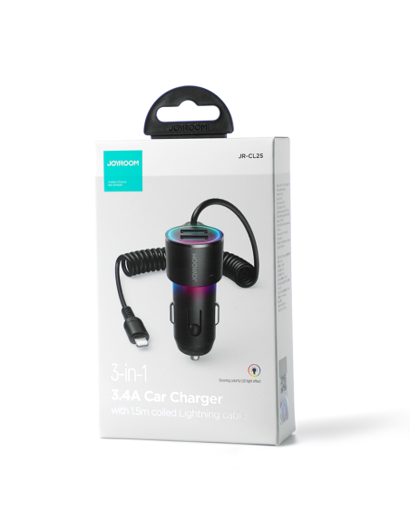 3in1 Greitas automobilinis įkroviklis su Lightning laidu iPhone 1.5m 17W juodas