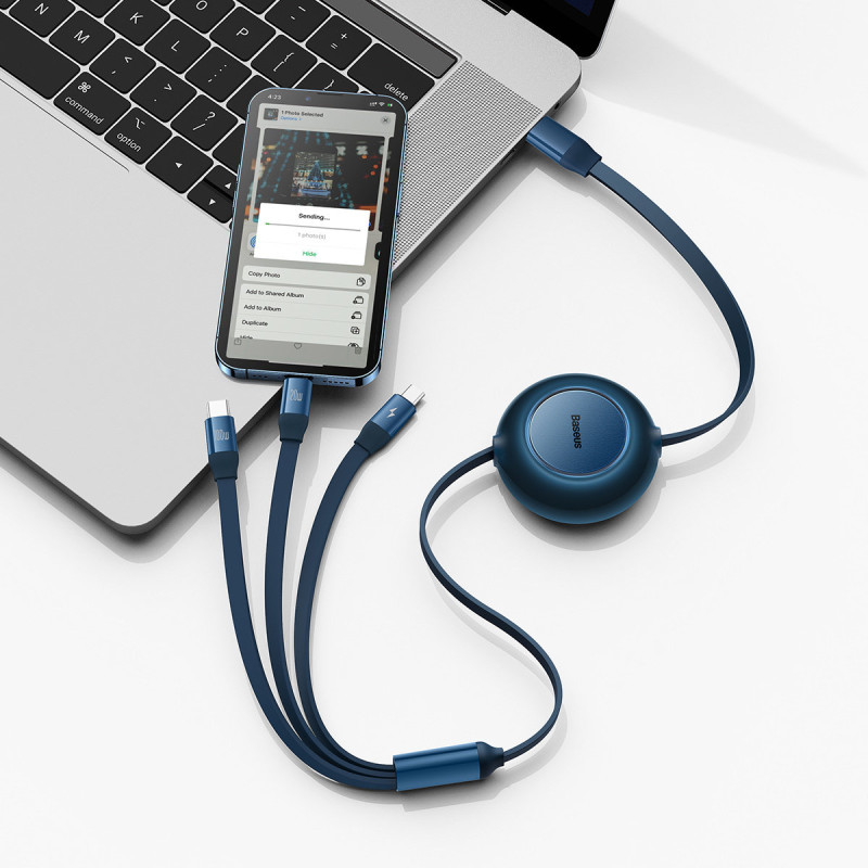 Ištraukiamas laidas 3in1 USB-C microUSB + iPhone Lightning + USB-C 3.5A 1.1m mėlynas