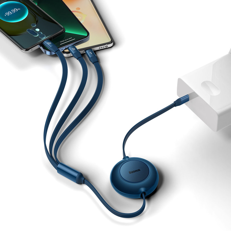 Ištraukiamas laidas 3in1 USB-C microUSB + iPhone Lightning + USB-C 3.5A 1.1m mėlynas