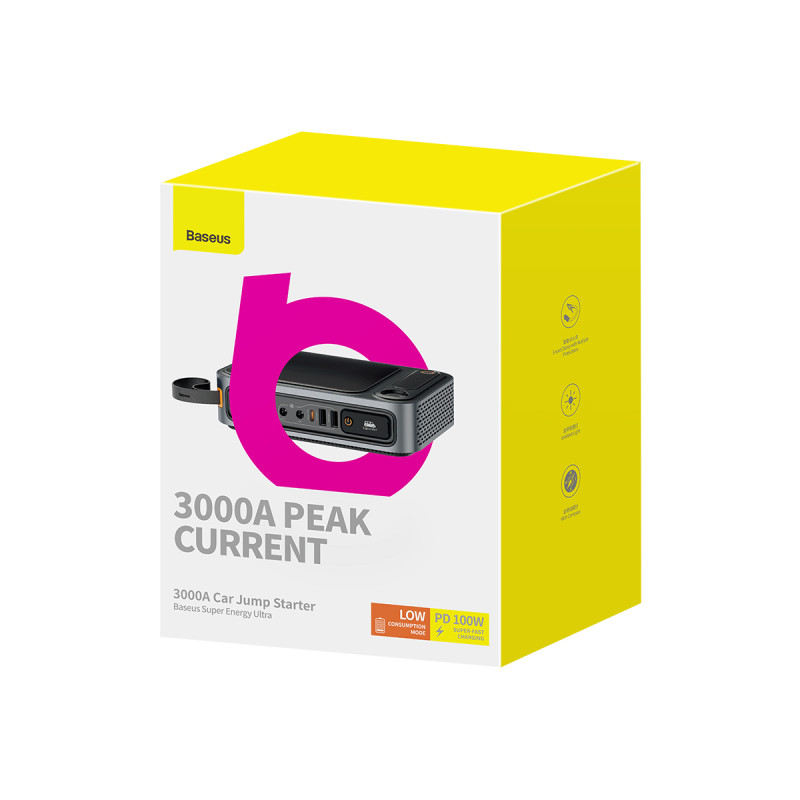 „3 viename“ USB maitinimo blokas USB-C „Jump Jump Starter“, skirtas automobiliui 3000A žibintuvėlis, juodas
