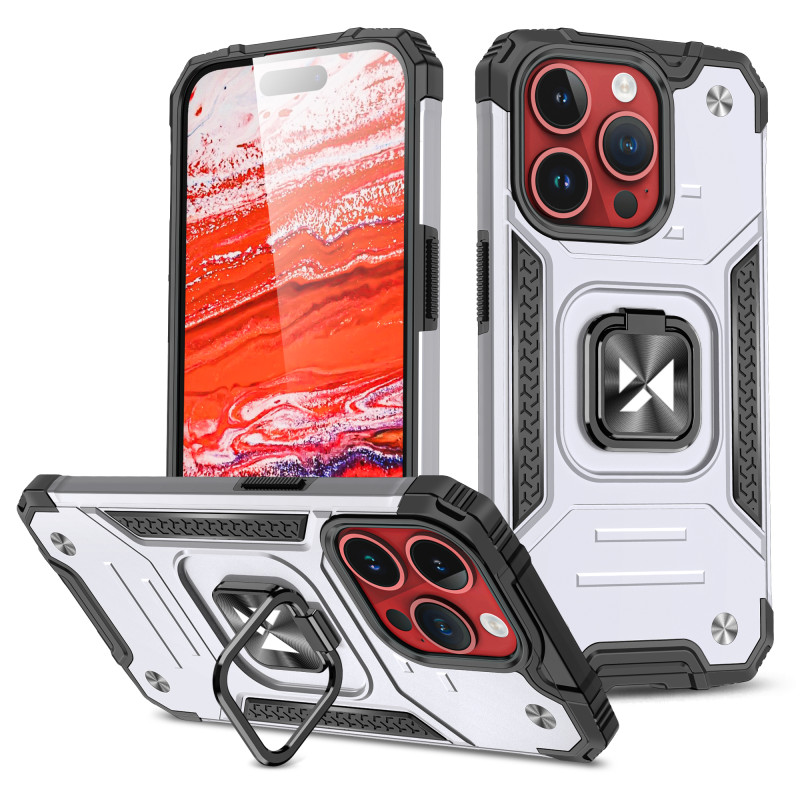 
Šarvuotas dėklas su pirštų laikikliu iPhone 15 Pro Ring Armor, sidabrinis
