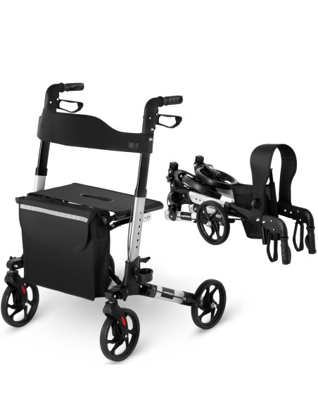 Keturių ratų sulankstoma vaikštynė senjorams su sėdyne ir krepšiu iki 136kg - sidabrinė