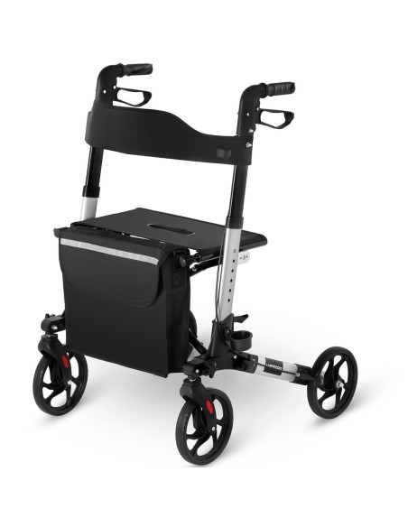 Keturių ratų sulankstoma vaikštynė senjorams su sėdyne ir krepšiu iki 136kg - sidabrinė