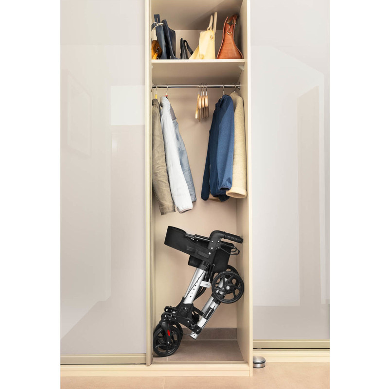 Keturių ratų sulankstoma vaikštynė senjorams su sėdyne ir krepšiu iki 136kg - sidabrinė