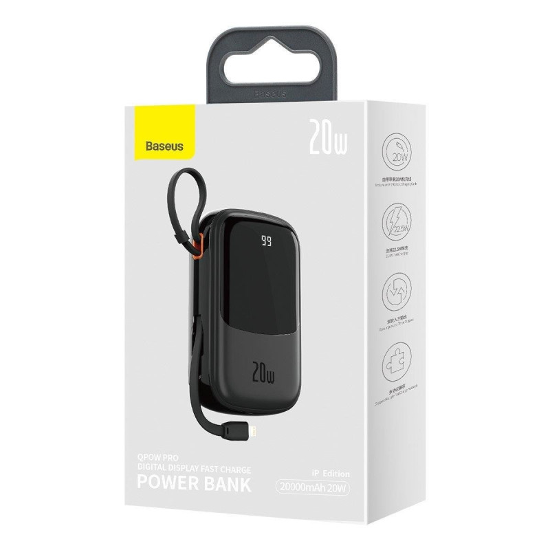 Greito įkrovimo maitinimo blokas 20000mAh 20W QC-PD-SCP-FCP kabelis iPhone Lightning Black