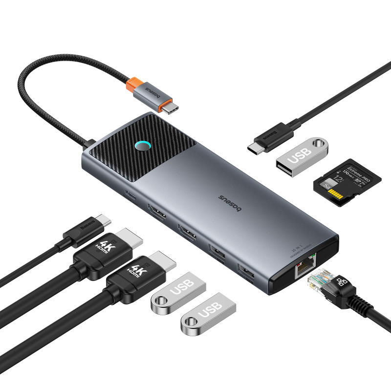 
10in1 HUB adapteris USB-C prie HDMI / USB-A / USB-C / RJ45 / SD / TF / USB-C PD pilkas
