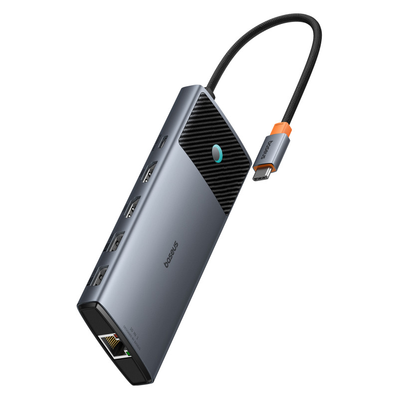 10in1 HUB adapteris USB-C prie HDMI / USB-A / USB-C / RJ45 / SD / TF / USB-C PD pilkas