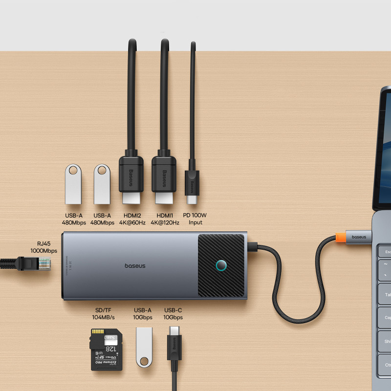 10in1 HUB adapteris USB-C prie HDMI / USB-A / USB-C / RJ45 / SD / TF / USB-C PD pilkas