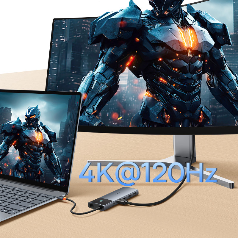 10in1 HUB adapteris USB-C prie HDMI / USB-A / USB-C / RJ45 / SD / TF / USB-C PD pilkas