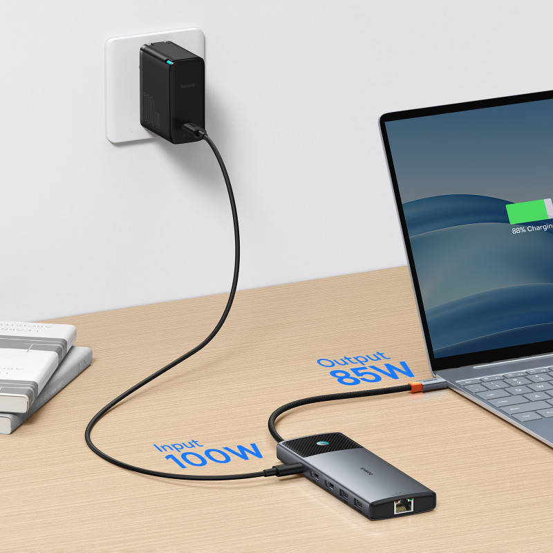 10in1 HUB adapteris USB-C prie HDMI / USB-A / USB-C / RJ45 / SD / TF / USB-C PD pilkas