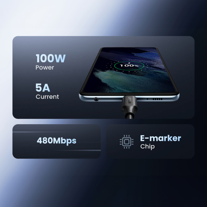 
USB-C PD QC kabelis 100W 5A 480Mb/ s 1,5m juodas
