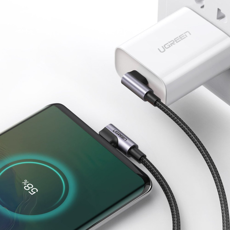 Dvigubas kampas kabelis 2x USB-C PD QC 60W 3A 2m juodas