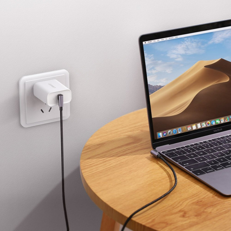 Dvigubas kampas kabelis 2x USB-C PD QC 60W 3A 2m juodas