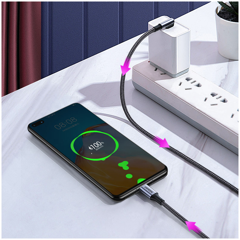 Kampinis USB-C PD QC laidas 100W 5A 1m juodas