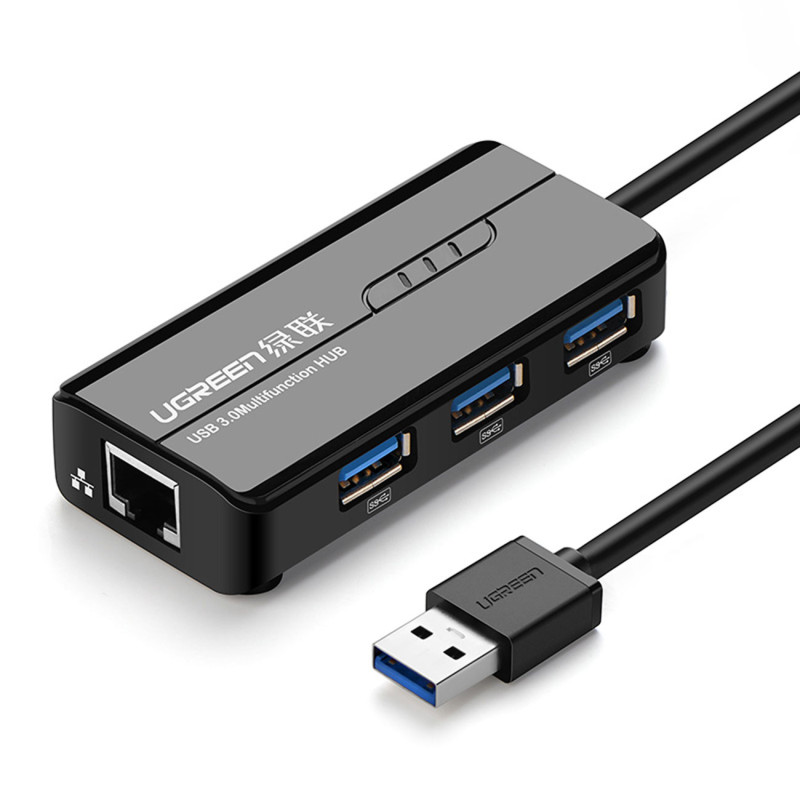 HUB tinklo adapteris USB-A - RJ45 1000 Mbps / 3x USB 3.0 juodas