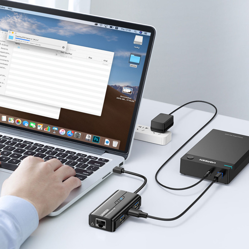 HUB tinklo adapteris USB-A - RJ45 1000 Mbps / 3x USB 3.0 juodas