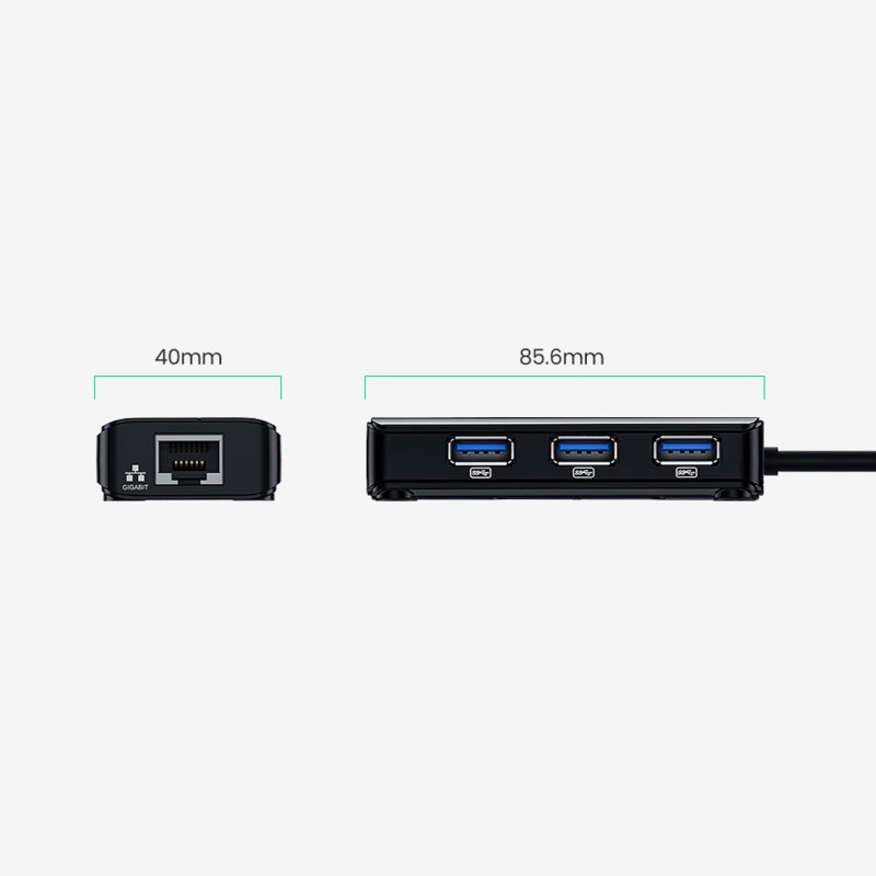 HUB tinklo adapteris USB-A - RJ45 1000 Mbps / 3x USB 3.0 juodas